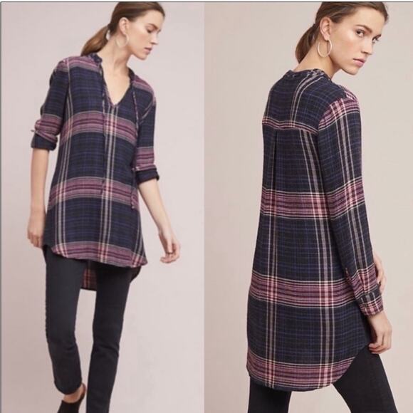 Cloth & Stone Plaid Tunic Shirt Dress Long Sleeve Knit Blue Pink L - Picture 11 of 12